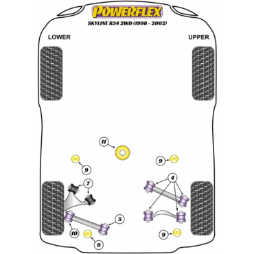 Preview: Powerflex Buchsen Längslenker oben innen außen HA für Nissan Skyline R34 2WD Incl. 25GT, 25GTT & GTV(1998-2002)